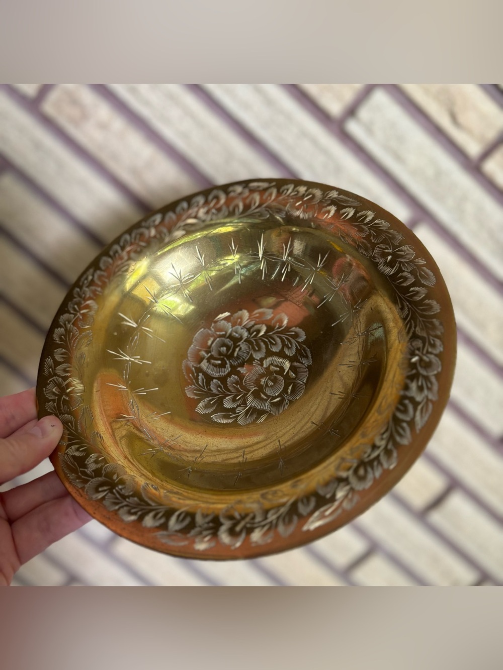 70's Floral Etched Brass Bowl - Brass Footed Bowl - Floral Brass Bowl - Trinket